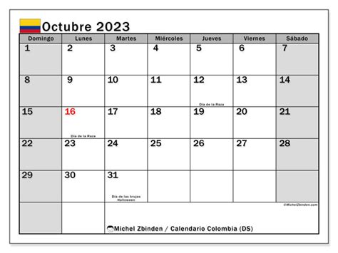 calendario octubre 2023 colombia con festivos