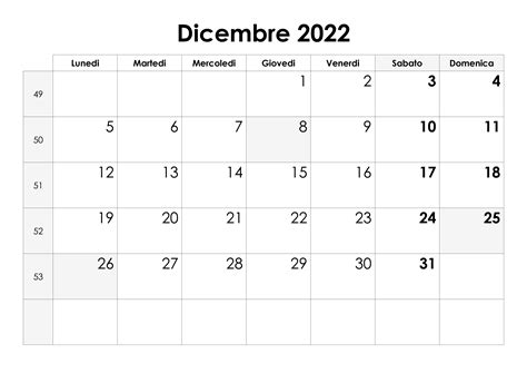 calendario settimanale dicembre 2022