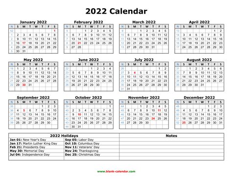 calendars 2022 printable with holidays
