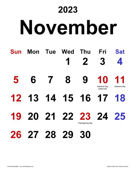 +14 2023 Calendar November Ideas Calendar With Holidays Printable 2023