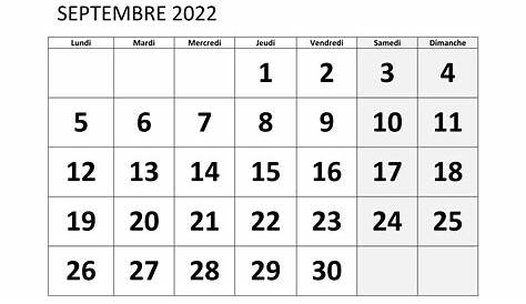 Calendrier Mois de Septembre 2022 | 2022 Calendrier