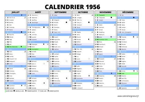 calendrier 1956 jour et mois