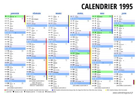 calendrier 1995 jour et mois