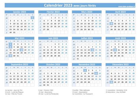 calendrier 2023 avec les jours fériés