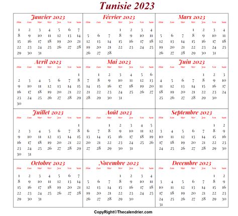 calendrier 2023 tunisie pdf