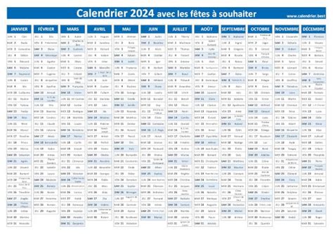 calendrier 2024 des saints