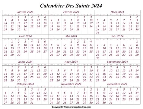 calendrier 2024 gratuit avec saints du jour