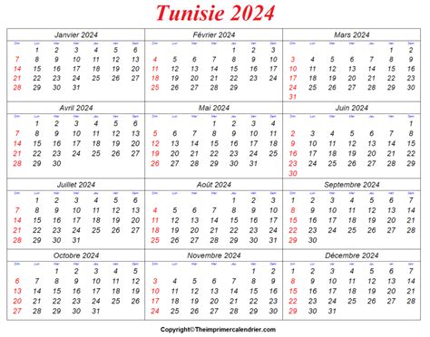 calendrier 2024 tunisie pdf