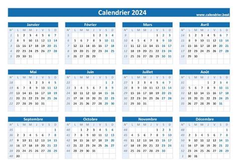calendrier annuel semaine 2024