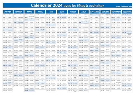 calendrier avec les saint 2024