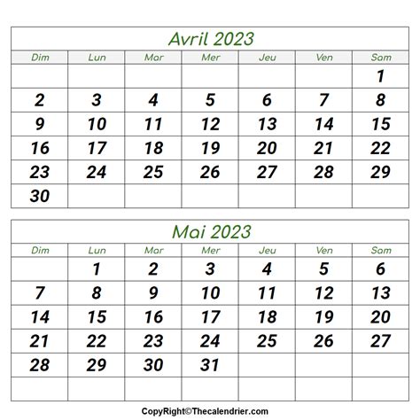calendrier avril et mai 2023