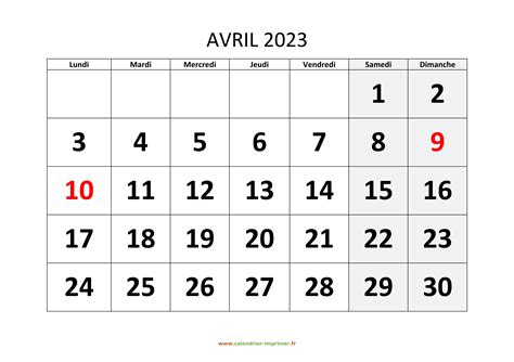 calendrier de avril 2023