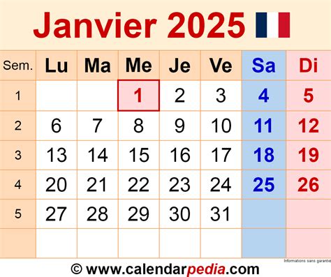 calendrier de janvier 2025