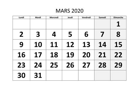 calendrier de mars 2020