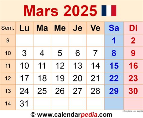 calendrier de mars 2025