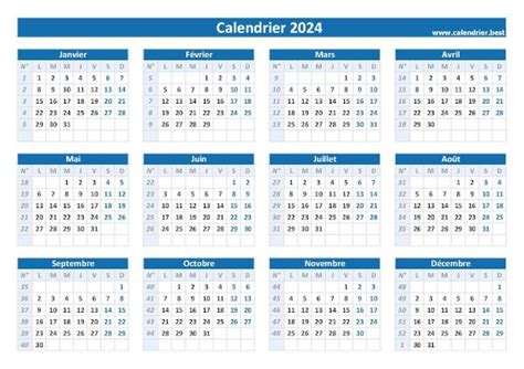 calendrier des semaine 2024