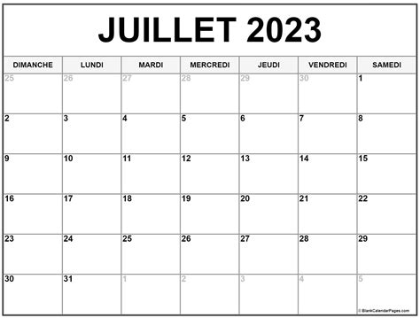 calendrier du mois de juillet 2023