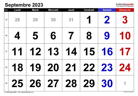 calendrier du mois septembre 2023