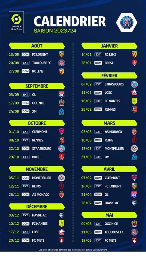 calendrier du psg 2023 2024