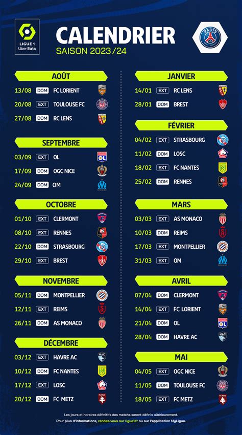 calendrier du psg ligue 1