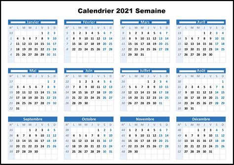 calendrier en semaine 2021