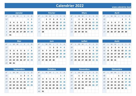 calendrier en semaine 2022