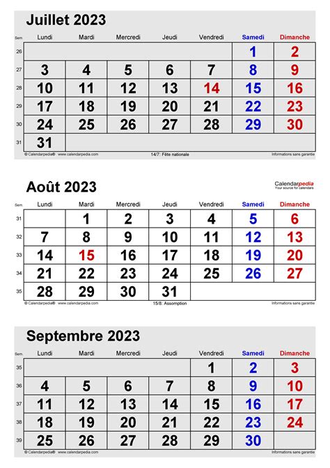 calendrier juillet aout septembre 2023