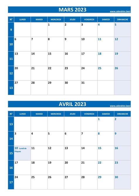 calendrier mars et avril 2023