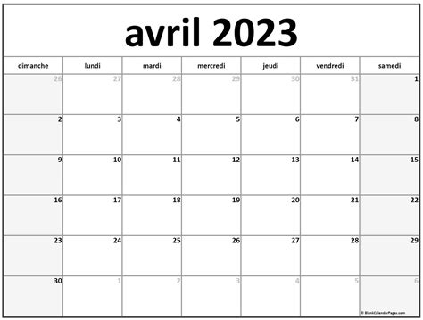 calendrier mensuel avril 2023