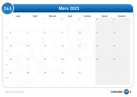 calendrier mensuel mars 2023