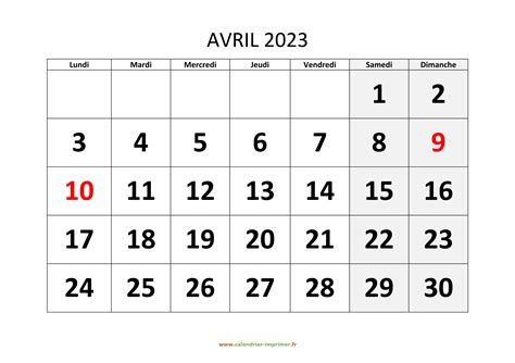 calendrier mois d'avril 2023