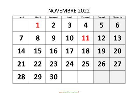 calendrier mois novembre 2022