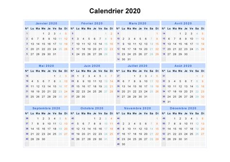 calendrier semaine 2020