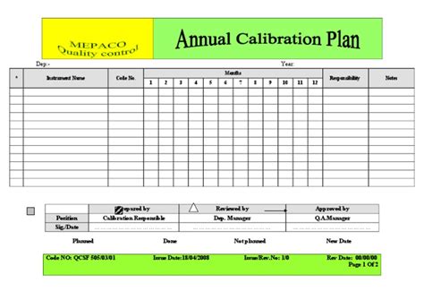 Calibration Plan Format In Excel