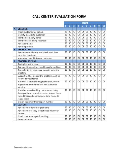 call center evaluation form template