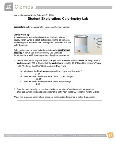 Calorimetry Answer Sheet