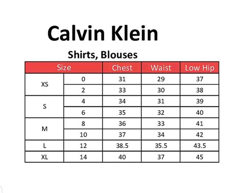 calvin klein sizing chart