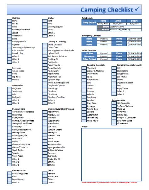 Camping Gear Checklist Excel