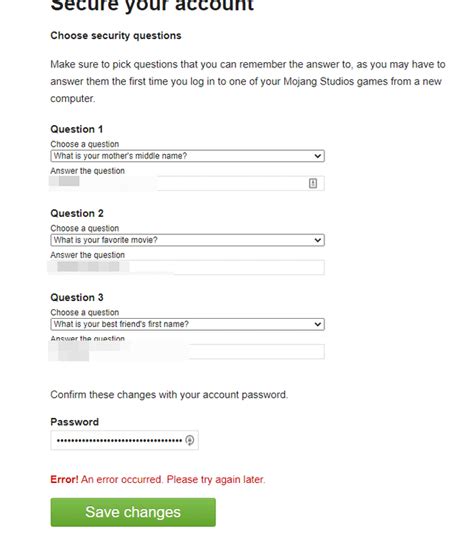 Can't Change Security Questions Mojang