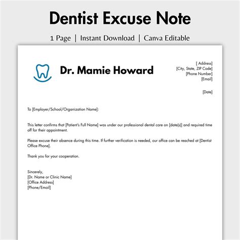 Browse Our Image of Dentist Excuse Note Template for Free in 2021