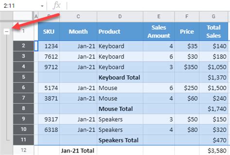 can you make rows collapse in google sheets