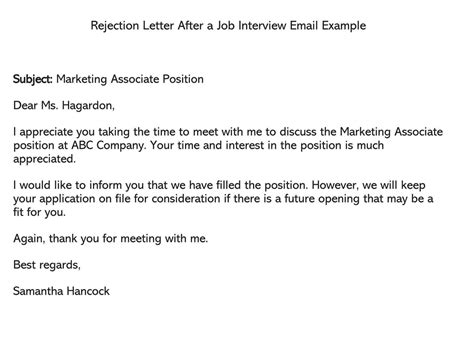 candidate rejection after interview email template