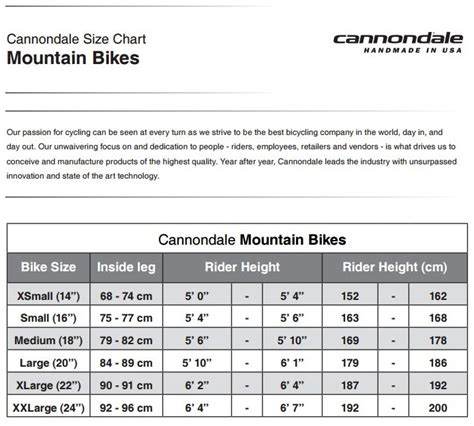 cannondale mountain bike frame size guide