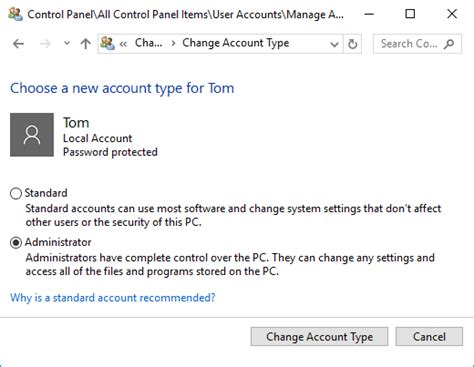 cannot change account type to administrator