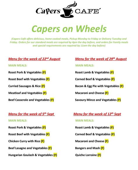 Capers Cafe Menu