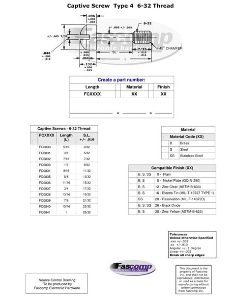 Captive Screw Dimensions