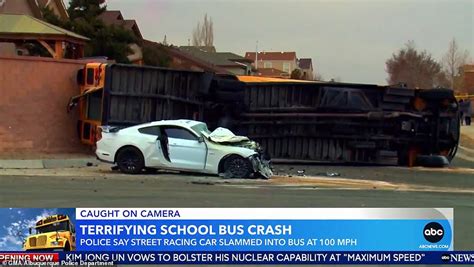 car hits school bus at 100 mph