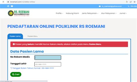 Tombol Daftar di Website RS Roemani