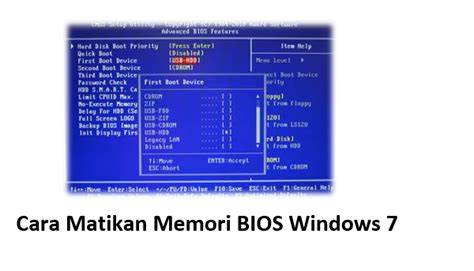 Ilustrasi langkah-langkah mengakses pengaturan BIOS untuk membatasi atau menonaktifkan memori di Windows 7