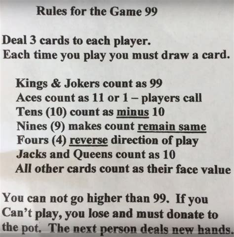 Printable Rules For Card Game 99